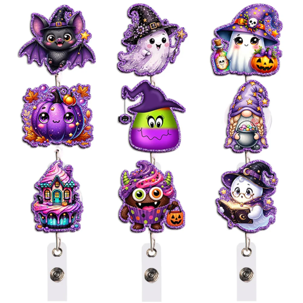 Kawaii Ghost Badge Reel Retractable ID Holder Witch Hat Pumpkin Candy Black Cat Gift for Teacher Office Work Party Crew