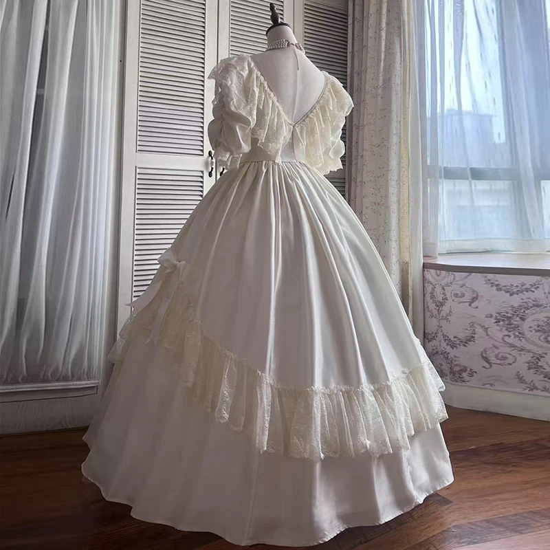 AnXin SH host stage white satin ruffles flower lace o neck short puff sleeve beading bow zipper customized wedding dress