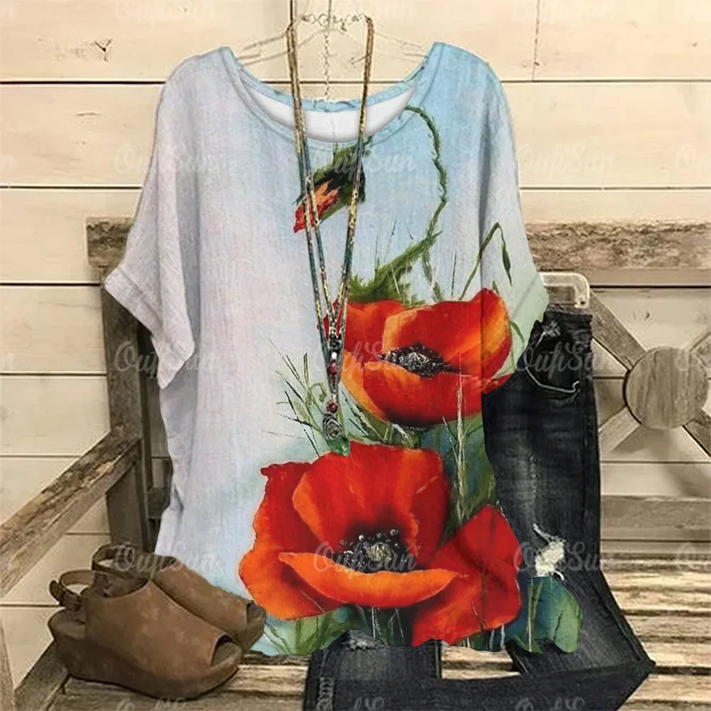 Poppy Flower Print Women Tshirt 2023 Summer Fashion Female Clothing Oversized O-Neck Ladies Top Casual Short Sleeve Pullover Tee