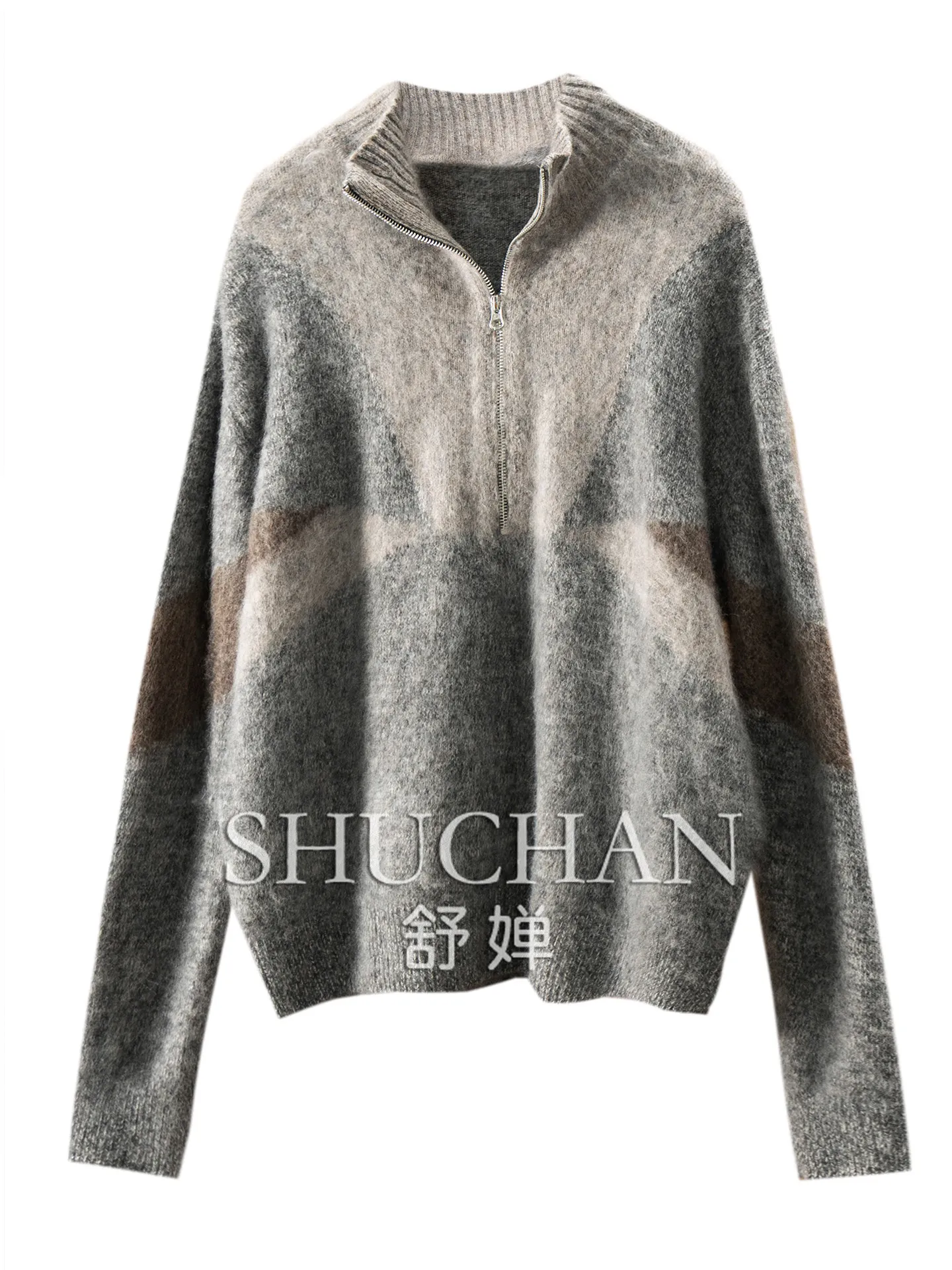 100% Wool Premium Grey Release Geometric Loose Half Zipper Wool Pullover Sweater Women F502 Sueters De Mujer