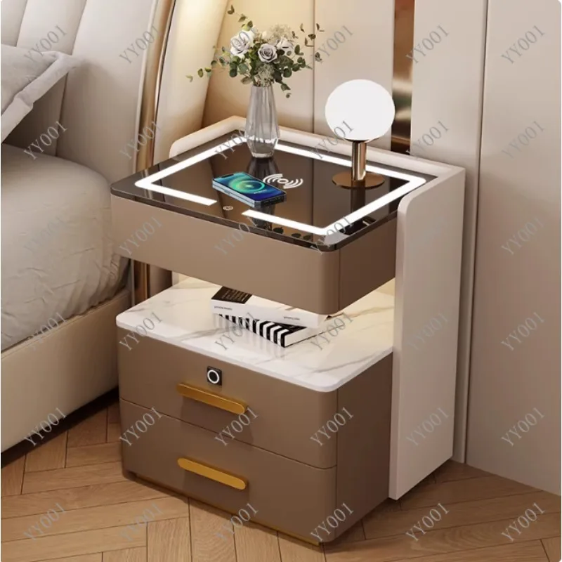 Modern Light Luxury Solid Wood Smart Bedside Table Multifunctional Storage with Charging for Bedroom