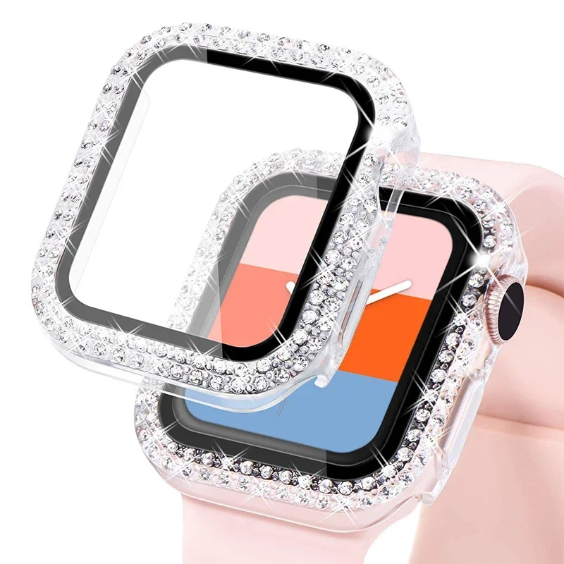 Bling Glass+Cover For Apple Watch Case 44mm 45mm 41mm 40mm 42mm 44 mm Diamond bumper+Screen Protector iwatch series 7 9 8 5 6 SE