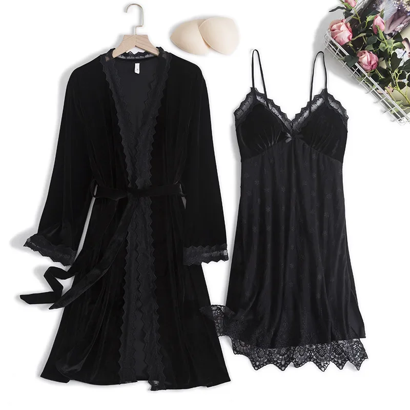 Kimono Robe Velvet Sleepwear Women Casual 2PCS Sleep Set Long Sleeve Bathrobe Gown Novelty Autumn New Velour Home Clothing