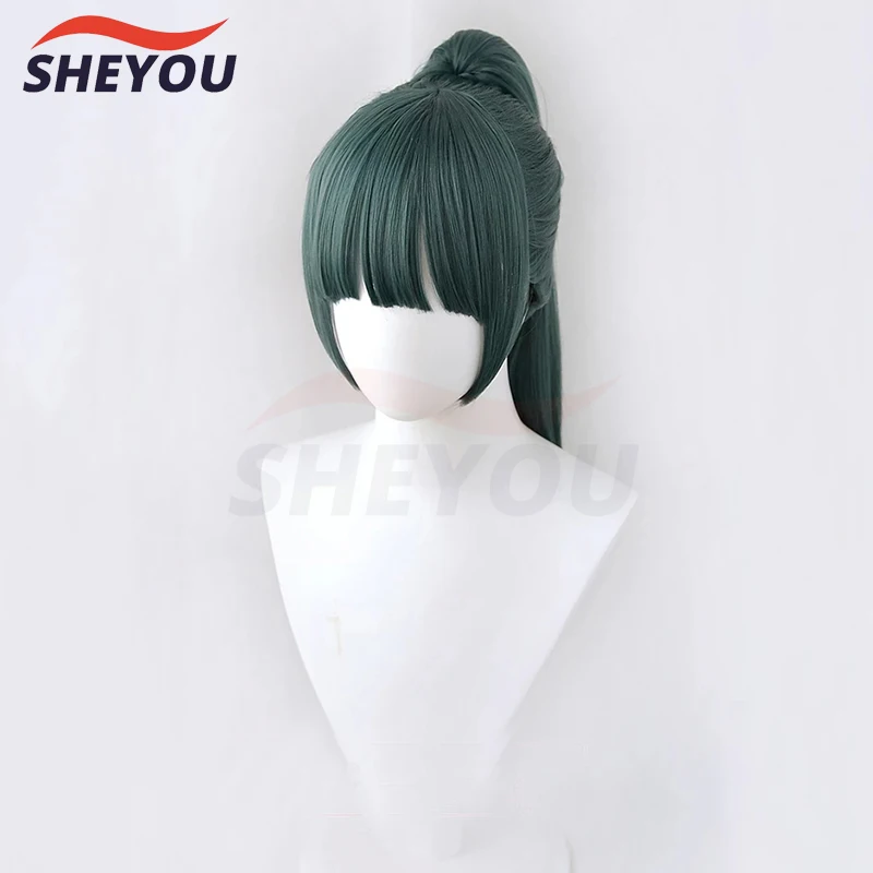 Anime Cosplay Maki Zenin Wigs Dark Green Ponytail Heat Resistant Synthetic Hair Cosplay Wig + Wig Cap + Glasses