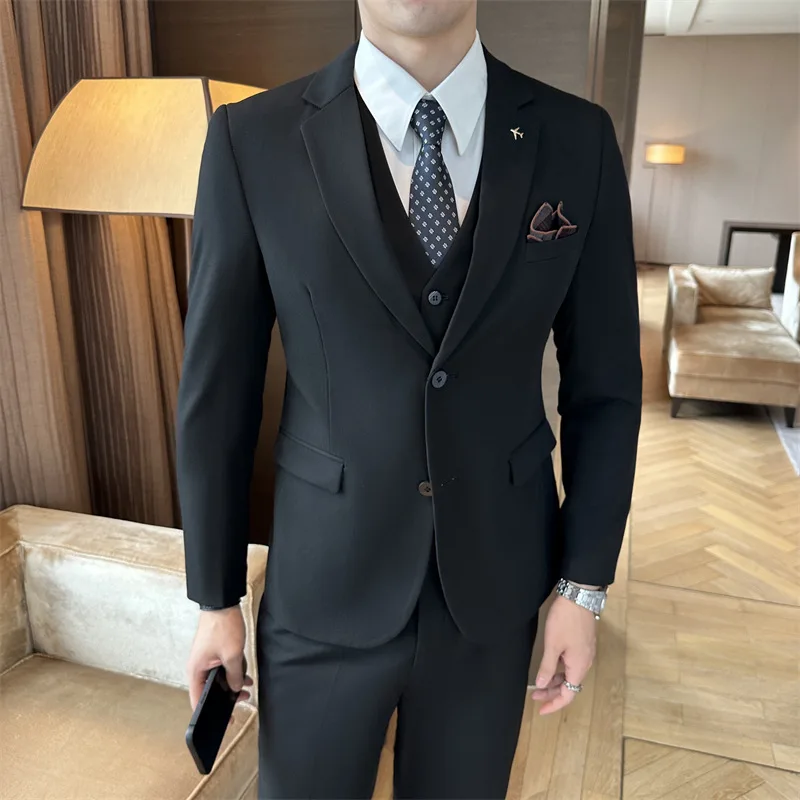 H171 Business casual solid color temperament dress three-piece suit formal suit jacket double-breasted suit suit men