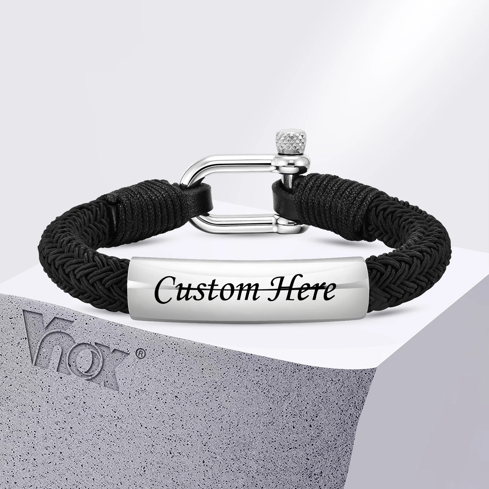 Vnox Free Custom Name Date Bracelets for Men, Black Bold Rope Chain Bracelet, Stylish Screw Clasp Wristband Gift for Him