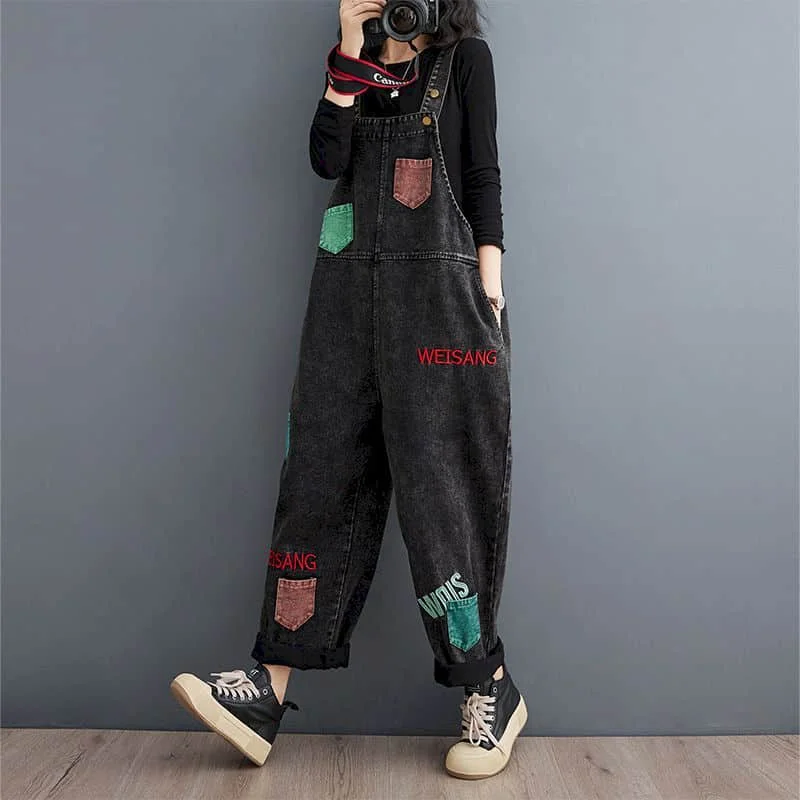 Tute in Denim per donna pagliaccetti in stile coreano Casual Vintage salopette pantaloni dritti colori a contrasto Patchwork abbigliamento donna