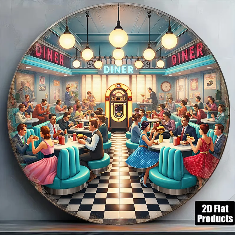 2D Flat Round Sign, Vintage Plaque for Retro Restaurant, 50S American Diner Decor Sign, Suitable for Bar, Cafe, Game Room