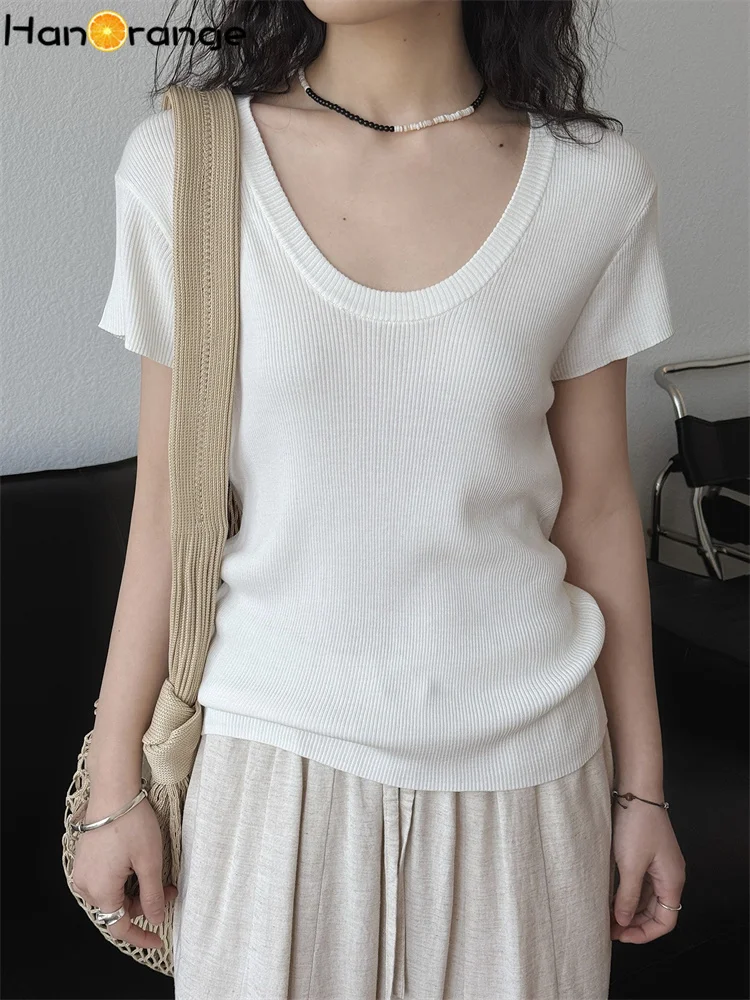 

HanOrange 2025 Summer Minimalist Lyocell Cotton Large U-neck Knitted Short Sleeve Top White/Green/Navy Blue/Taro Purple