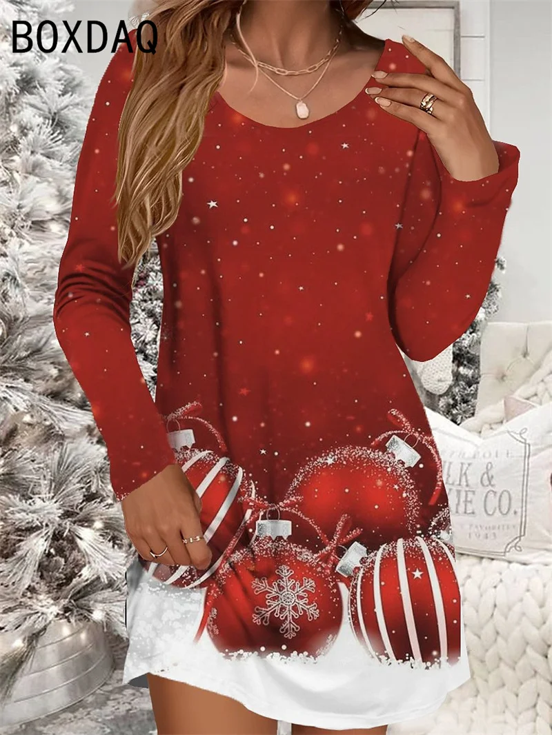 Vestido Rojo de Navidad para mujer, minivestido informal con estampado de copos de nieve, muñeco de nieve, manga larga, cuello redondo, otoño