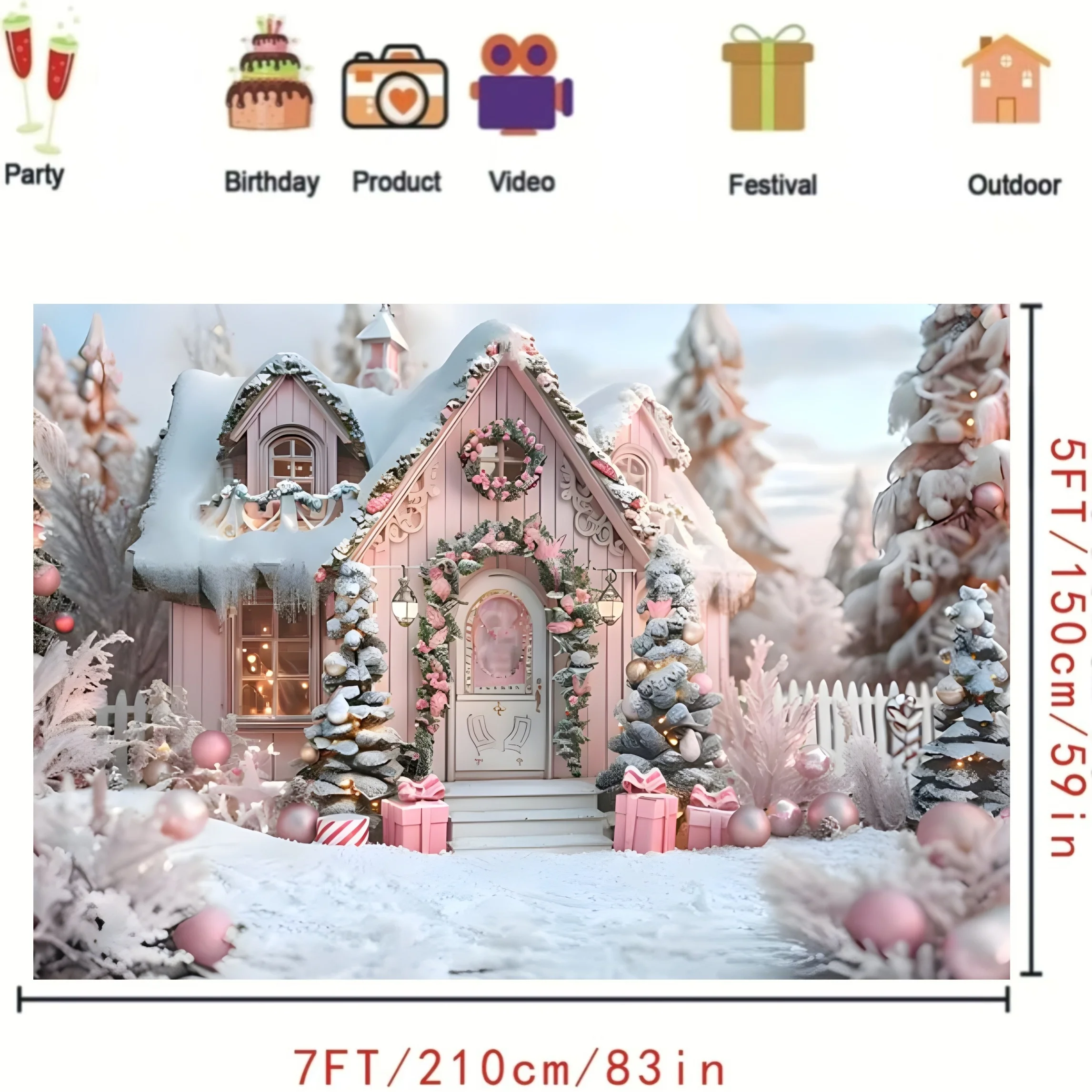 Pink Christmas Cabin Background -Winter tree and gift box design studio banner for party decorations, birthday celebrations, etc