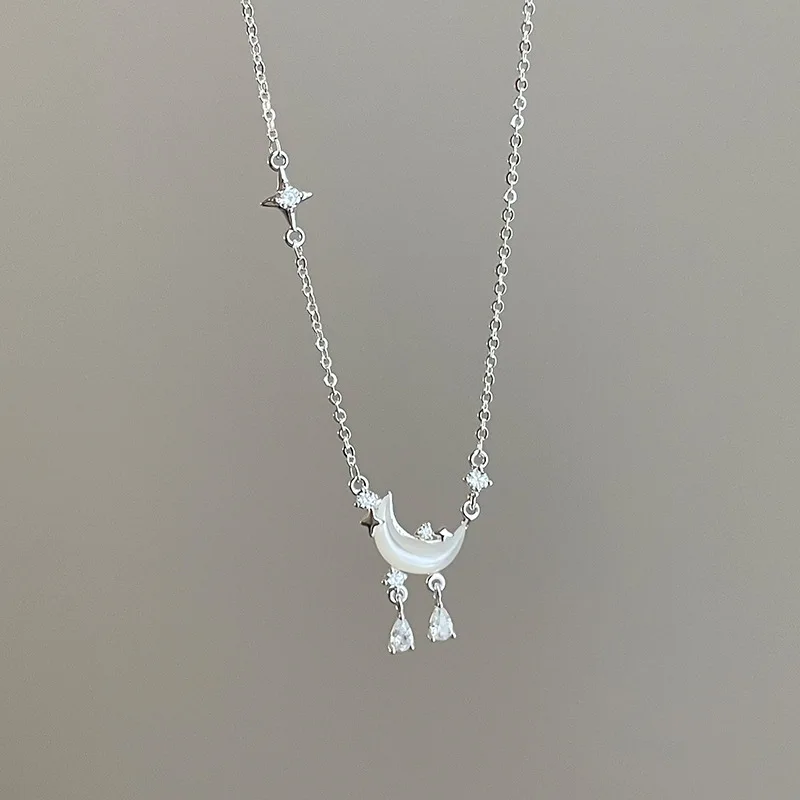 Minar Fairy White Fritillary Moon CZ Cubic Zircon Water Drop Star Pendant Necklace for Women Silver Plated Copper O-chain Choker