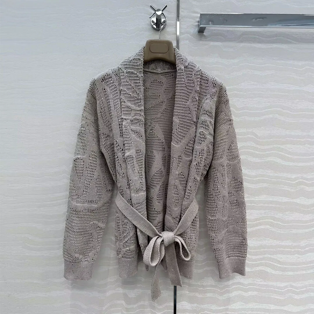 

Luxury Sequins Cotton Linen Knitted Cardigans Women Jacket Crochet Hollow Out Solid Color Robe Style Belt Casual Sweater