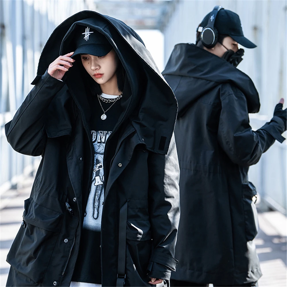 Men Autumn Winter Long Jacket Windbreaker 2024 New Fake two-piece Functional Coats Mens Loose Jackets Techwear Harajuku