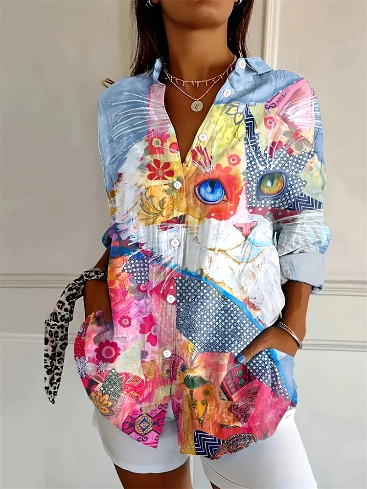 

Summer New 3D Rainbow Cat Printed Women's Shirt Fashion V Neck Button Women's Plus Size Clothing Comfortable Loose Shirt