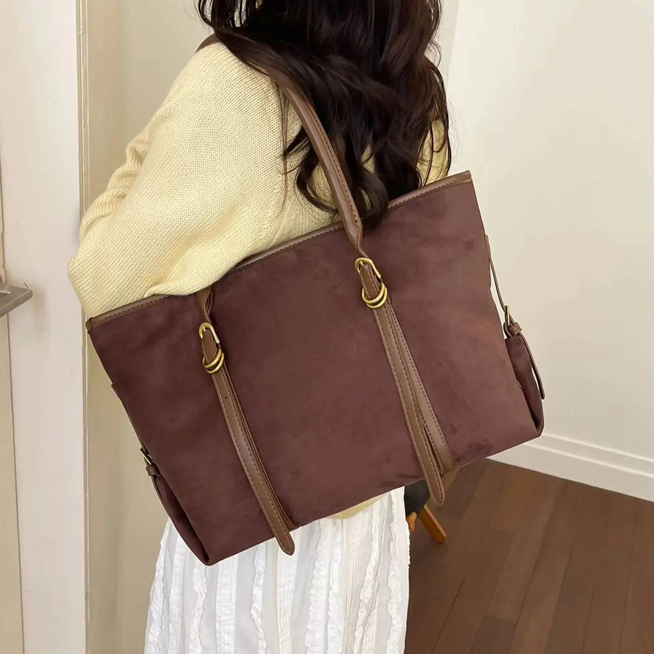 Business Briefcase Style Shoulder Bags for Women Soft Faux Suede Big Capacity Shopper Totes Latest Designer Handbags Luxury