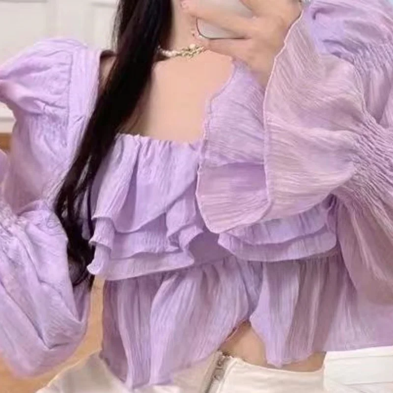 Long Flare Sleeve Blouses Women Elegant Ruffles Crop Top Sweet Korean Casual Purple Solid Fashion Ladies Fairycore All-match