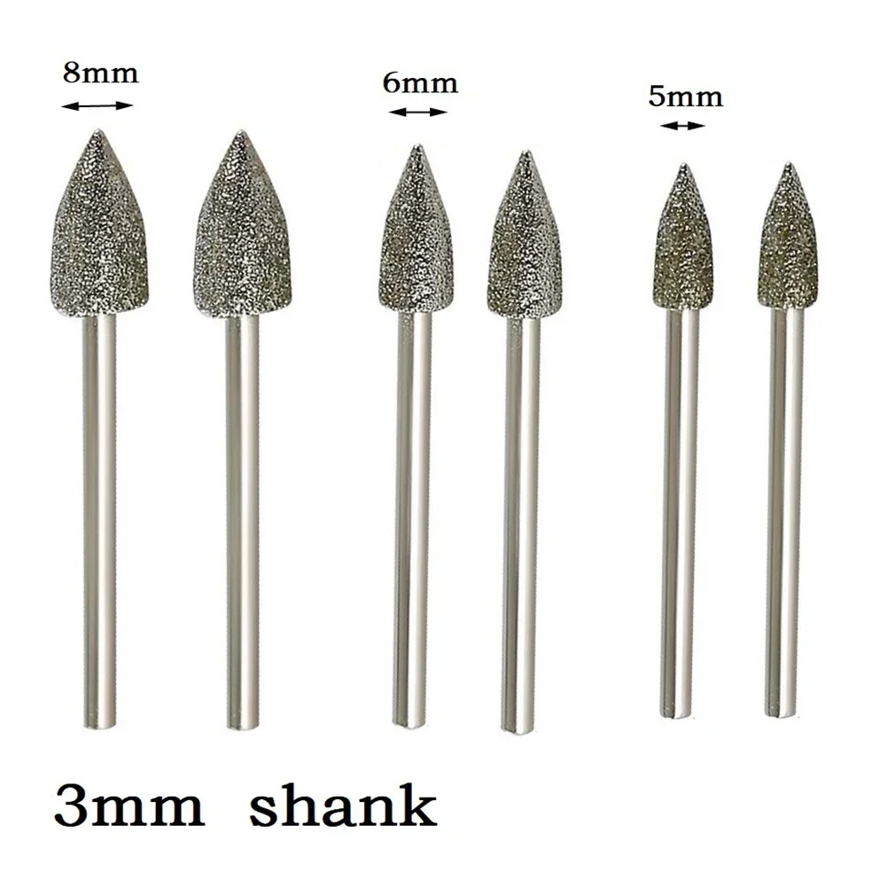 2Pcs Diamond Grinding Head Electroplating Drill Polishing Bit 5/6/8mm 3mm Shank For Stone Marble Carving Electric Grinder Tools