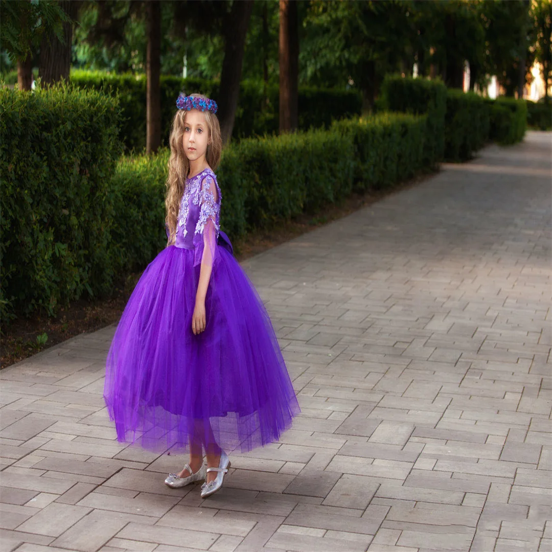 فساتين زفاف عيد الميلاد للفتيات على شكل زهرة أرجوانية برقبة جوهرة أول فستان للمناولة المقدسة تول فستاين سهرة/فساتين الحفلات للأطفال رسمية