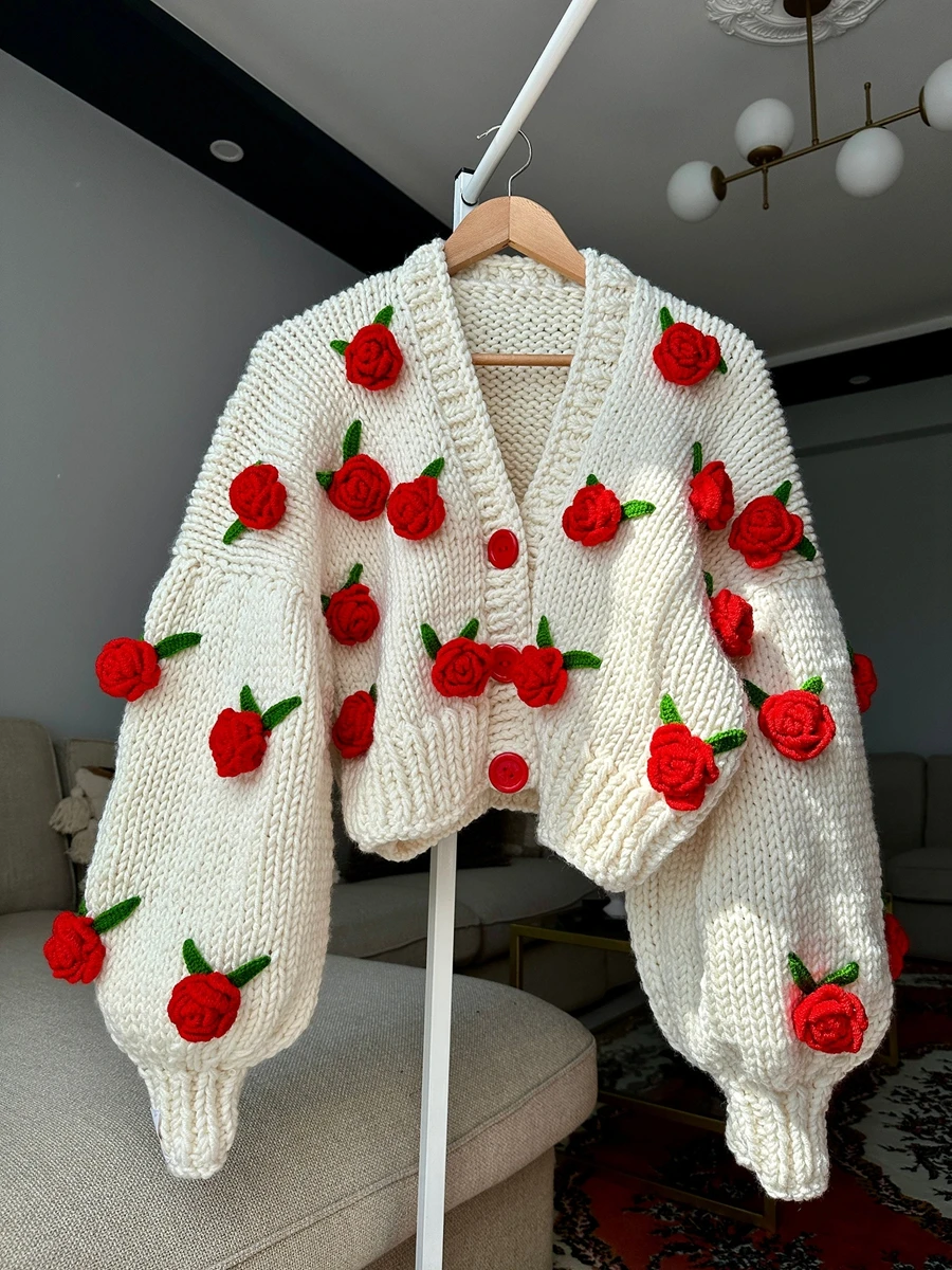 Women Knit Cardigan Fall Winter Warm Long Sleeve Flowers Button Closure Sweater Female Autumn Casual Knitwear Coat Streetwear