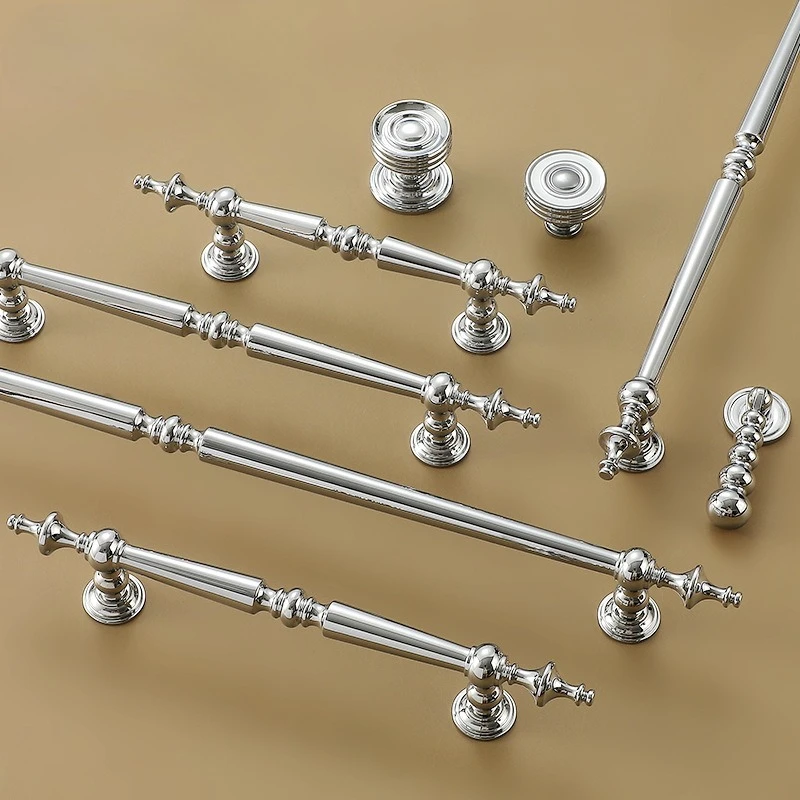 French Chromeplate Solid Brass Kitchen Cabinet Knobs and Handles Luxury Bright Silver Handle for Furniture Dresser Drawer Handle