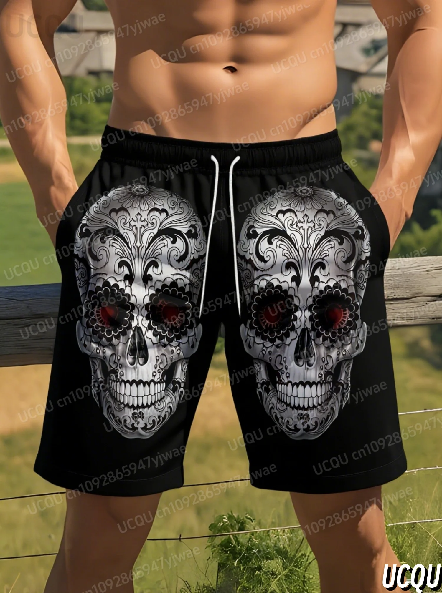 

Summer Men's Board Shorts Big Skull Head Print Vacation Trunks Drawstring Elastic Quick Dry Hawaiian Beach Shorts Men Clothing