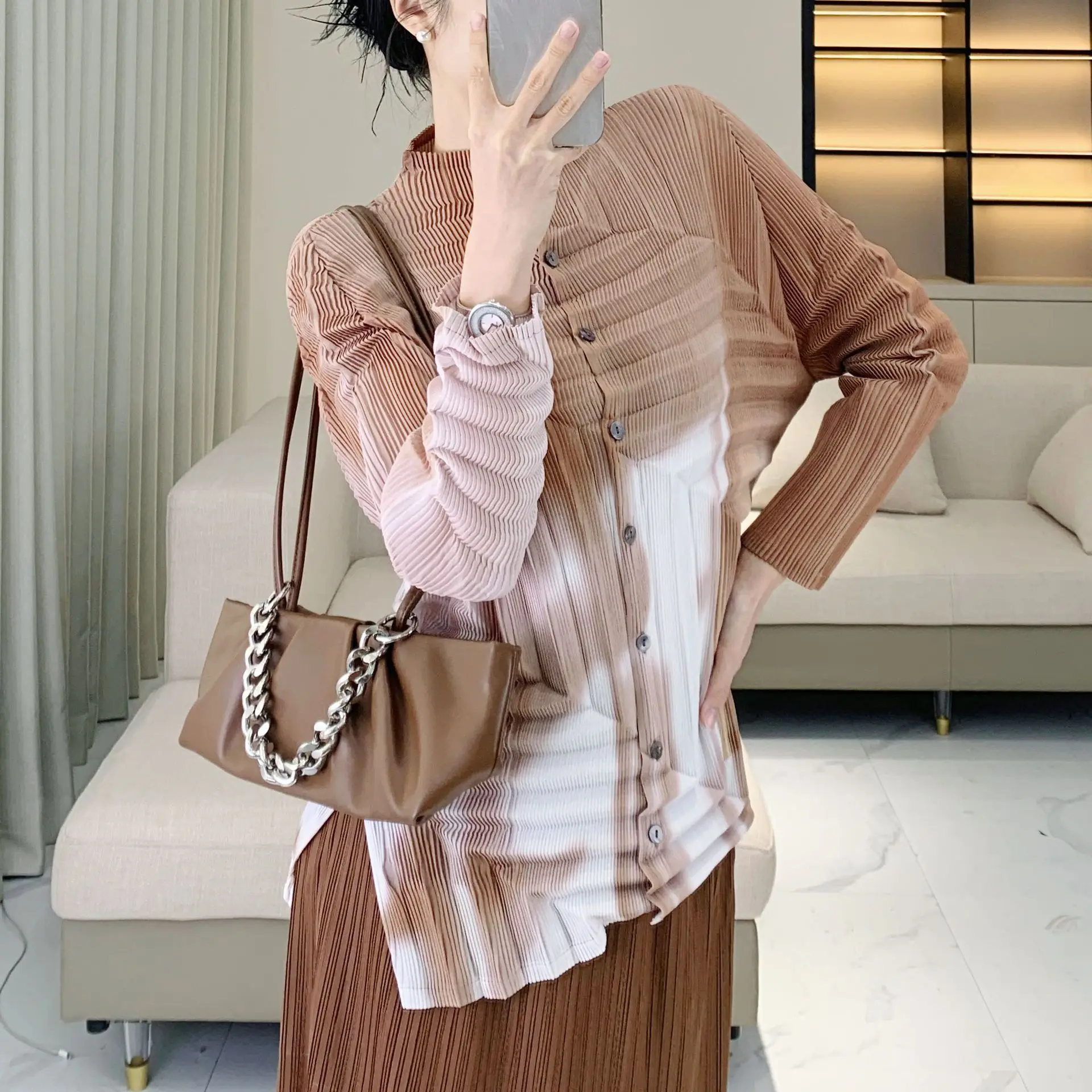 Miyake  fashion Premium pleated tree ring tie-dye women's structured ruffle chic comfortable slim-fit shirt  HOT SELING
