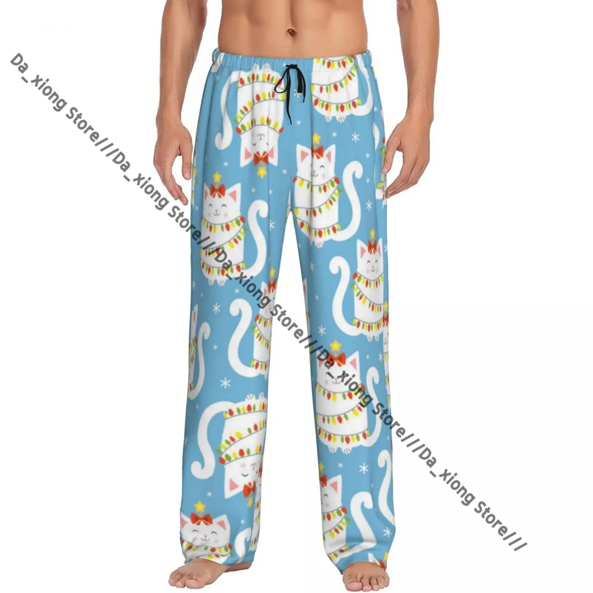 

Мужские повседневные пижамы, длинные брюки, свободный эластичный пояс, кошки и гирлянды на Рождество, уютная одежда для сна, домашние брюки для отдыха