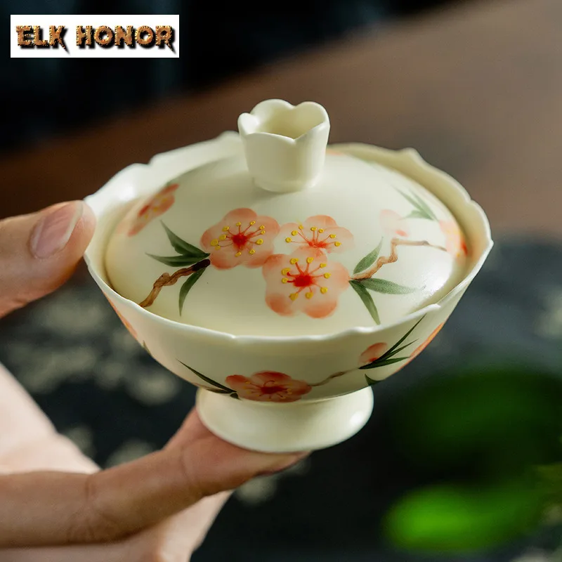 

75 мл Чистая ручная роспись жемчужного цвета Gaiwan Чайная подставка Порошок Инь Чайная чаша с крышкой Набор Крышка для заваривания чая Чаша Чайная церемония Подарок