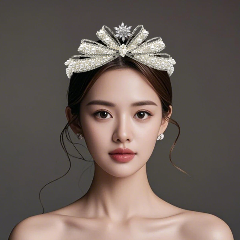 

New Luxury Korean Fashion Wedding Tiara Pearl Bowknot Crown Bridal Rhinestone Diadem Headband Hair Accessories Headdress Jewelry