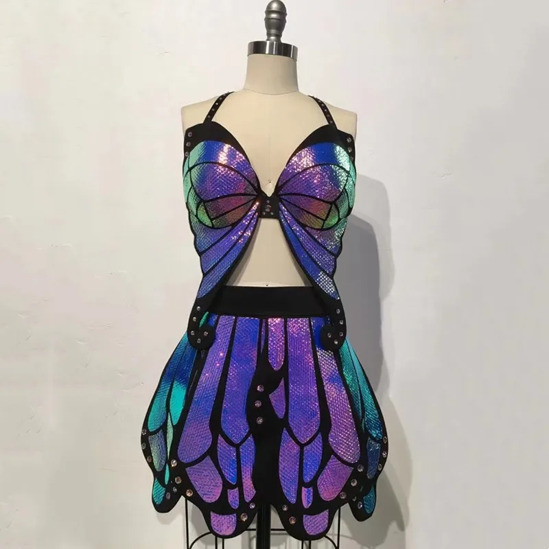 

Glitter Laser Butterfly Bra Skirt 2 Piece Set Sexy Bar Nightclub Gogo Performance Clothes Women Party Prop Drag Queen Costume