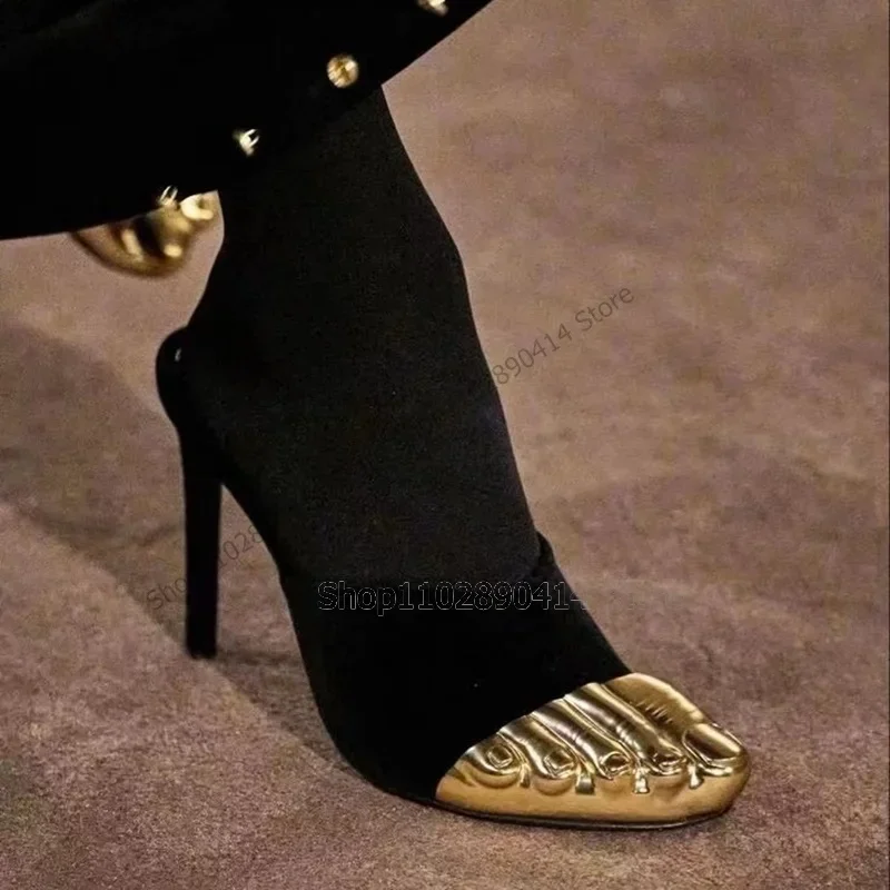 الذهب الأسود المرقعة خمسة أصابع الأحذية الانزلاق على أحذية النساء رقيقة عالية الكعب رواية موضة حفلة المدرج 2024 Zapatos Para Mujere