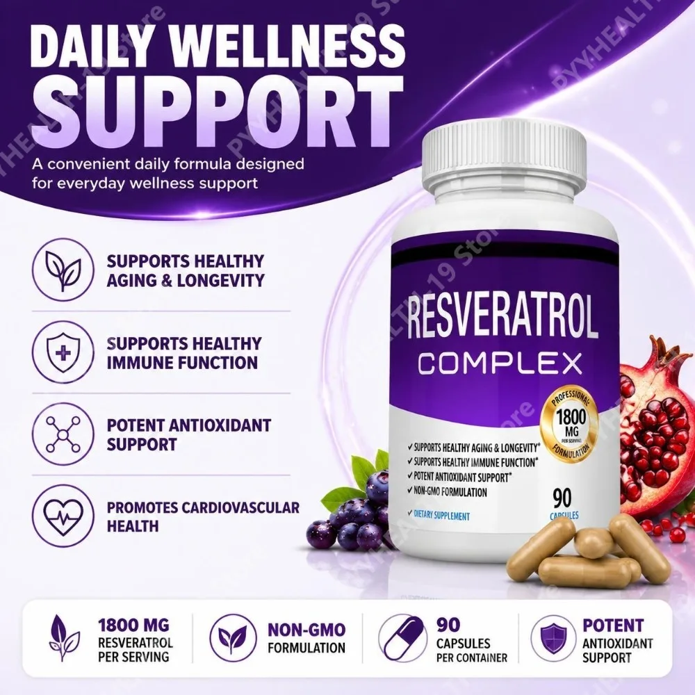 Resveratrol Complex Capsules with 1800mg Trans-Resveratrol for Healthy Aging & Immune System Support, Adults, 90 Capsules