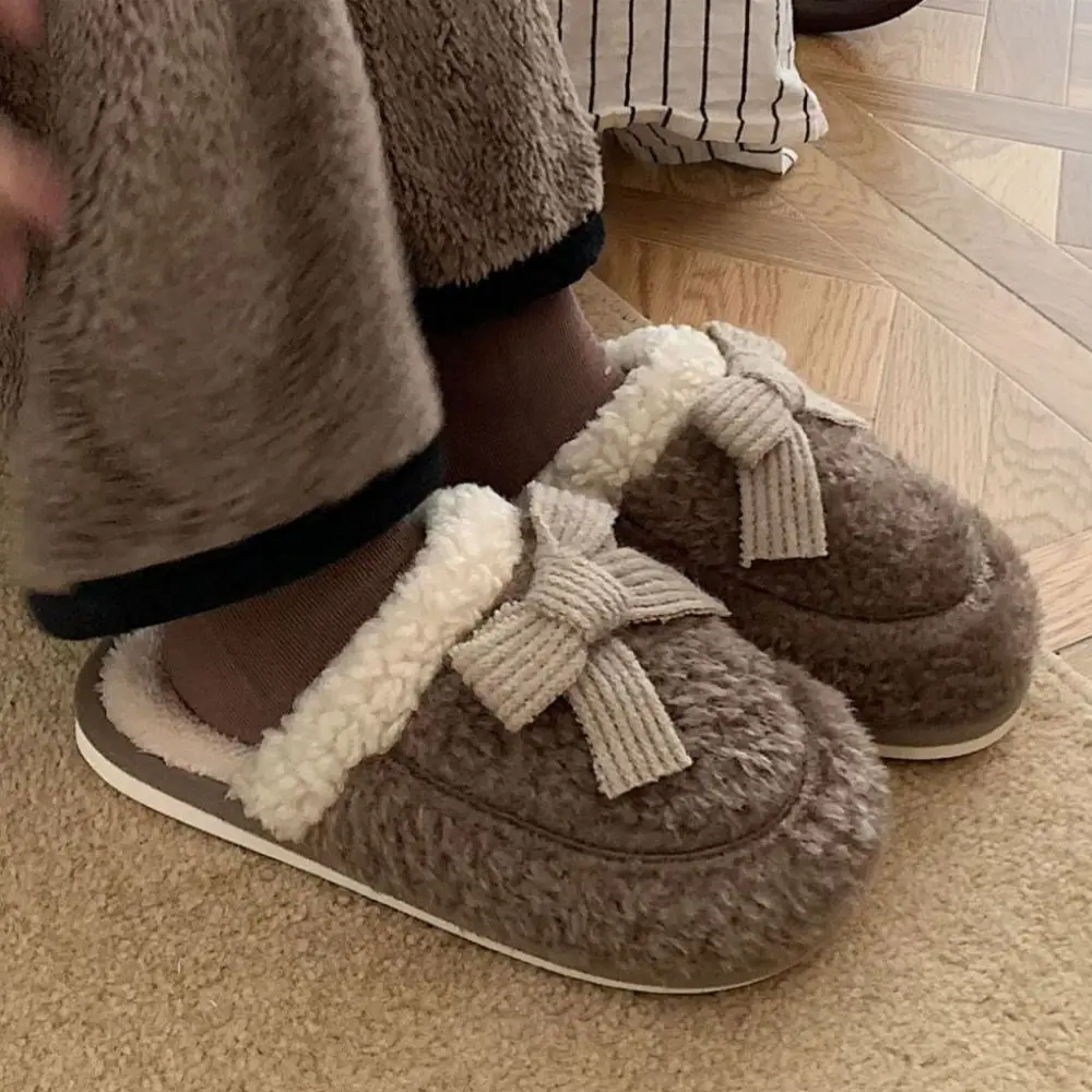 Durable 3D Bow Women's Cotton Slippers Winter Warm Soft Fabric Couple Slippers Non-Slip Fluffy Texture Home Slippers Indoor