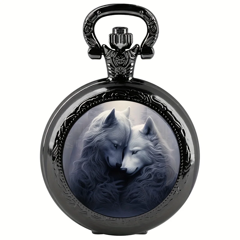 

Creative Wolf Pattern Quartz Pocket Watch, Glass Dome Arabic Numerals Dial Clock For Men And Women