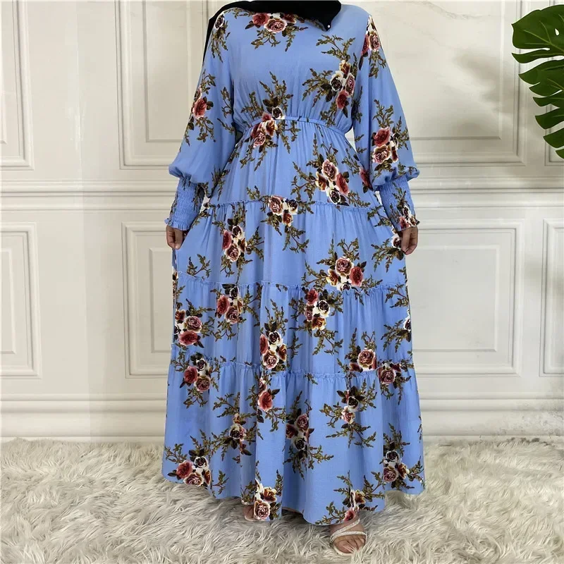 Stretch Cuff Women Abayas Elegant Floral Printed Muslim Dress Fashion Loose Dubai Turkey Slim Holiday Maxi Robe Kaftan Vestidos