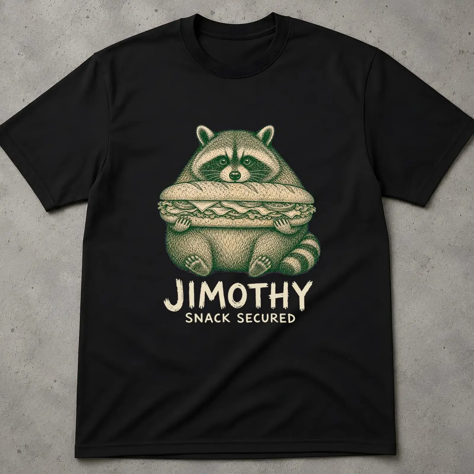 Jimothy Raccoon Snack Secured Funny Vintage T Shirt Casual Feral Animal Cute Sub Sandwich Meme vintage Washed Versatile