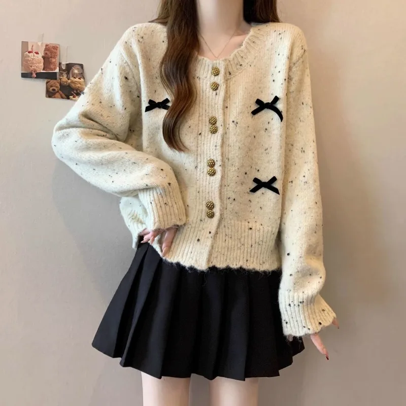 Korean Autumn Sweet Wind Bow Knit Cardigan Women High-grade Soft Waxy Retro Color Dot Knitted Sweater Coat Ladies Loose Slim Top