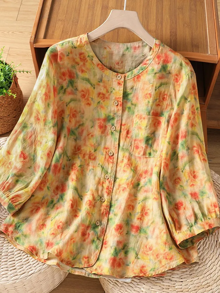 

Lightweight Cotton Linen Shirt Women's Summer Loose Printed Sleeveless Top Age-Defying Floral Pattern round Neck Open Cardigan