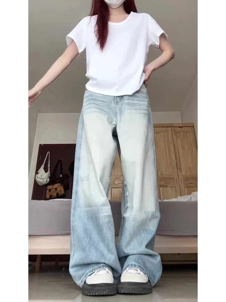 하이웨이스트 와이드 레그 아메리칸 웨이드 디스트레스드 데님 진 여성 가을 겨울 루즈 스트레이트 컷 롱 팬츠 여성용 청바지