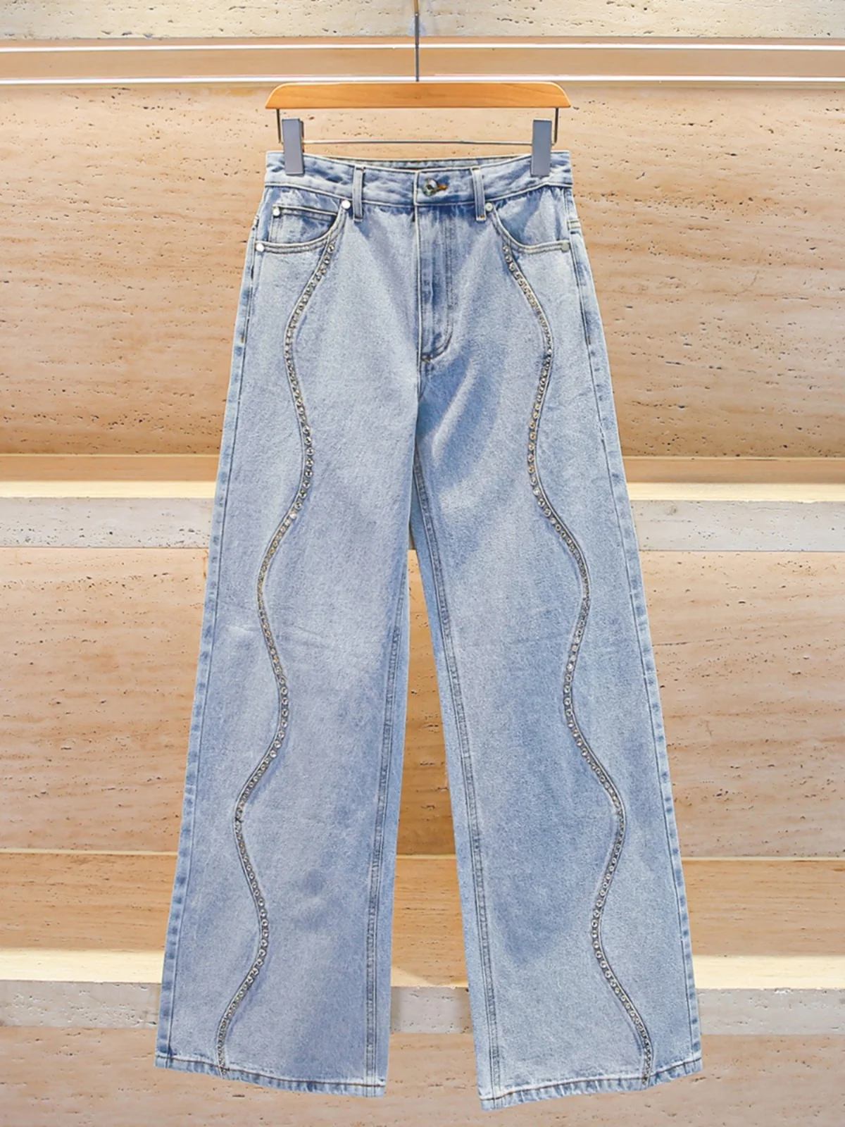 

Heavy Embellied Casual Blue Wide Leg Jeans Women's Premium Quali Faionable Diamond Studded Denim Trousers