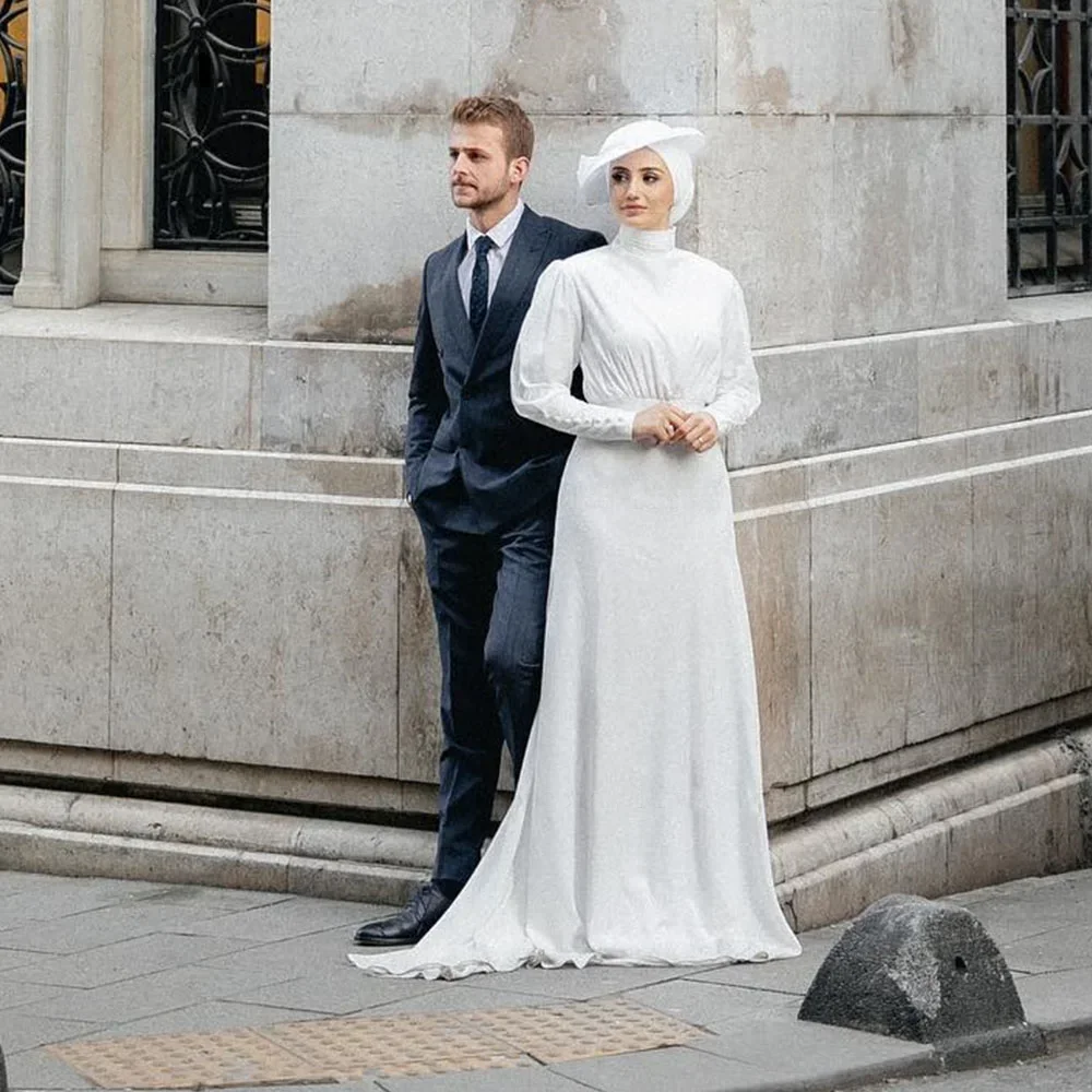 YCJ Мусульманские свадебные платья трапециевидной формы из атласа на пуговицах с драпировкой и высоким воротником по индивидуальному заказу, платье невесты со шлейфом robe de mariée