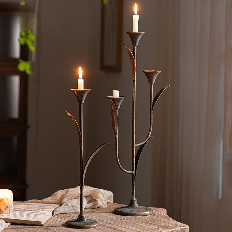 

American Vintage Hollow Iron Candle Holder Garden Home Decor Interior Creative Metal Ornament Retro Candlestick Patio Decoration