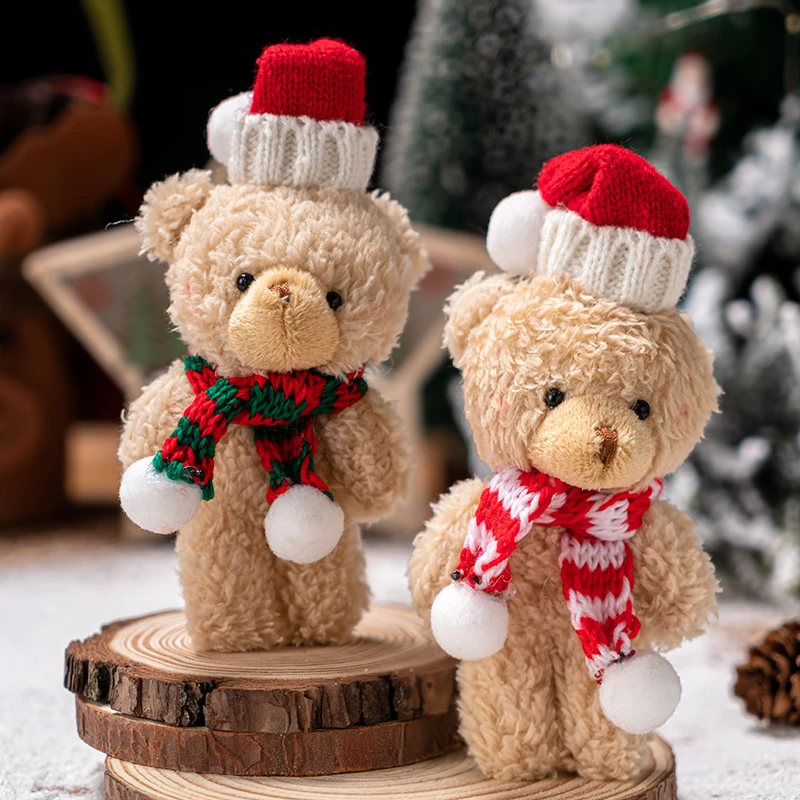 Christmas Plush Bear Scarf Gifts Kids Cute Brown White Bear Christmas Drop Ornaments Home Decor Cake Toppers