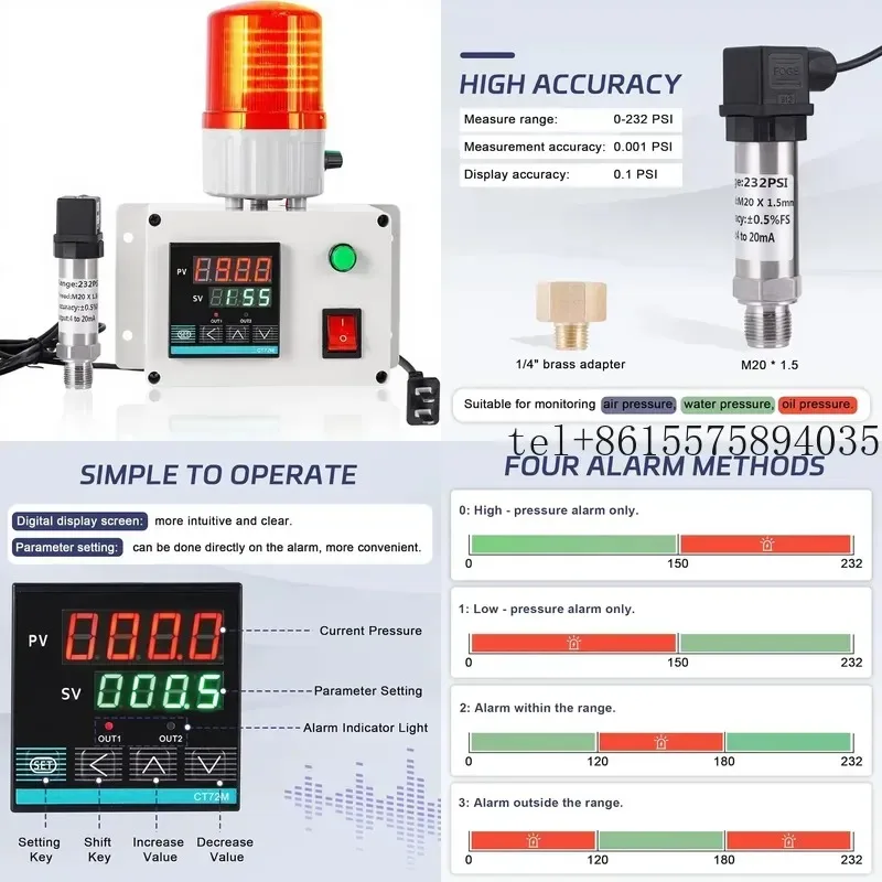 Hot Digital Air Pressure Alarm 232PSI High/Low Pressure Siren Air/Water/Oil 110V Plastic Stainless Steel White Pressure for