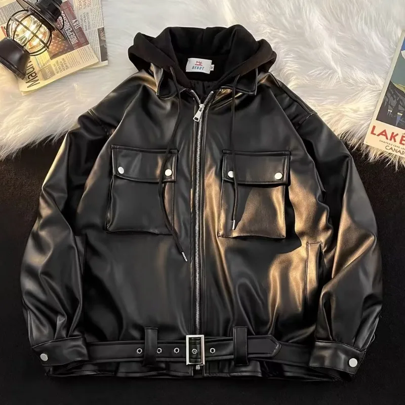 

Spring Fall Leather Jacket for Men American Fake Two-piece PU Leather Jacket Trendy Cool Handsome High Street Motorcycle Top