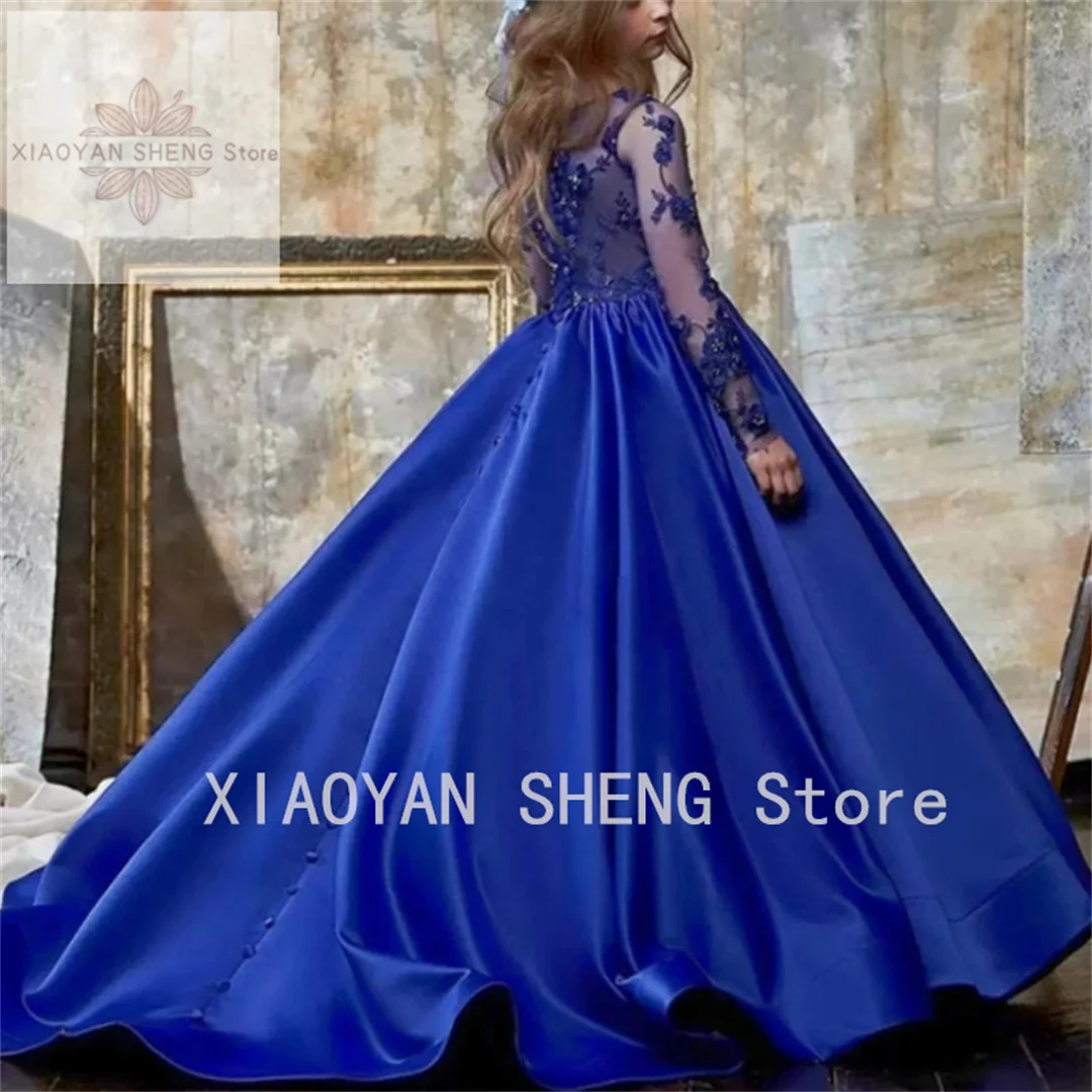 

Royal Blue Flower Girl Dresses Transparent Long Sleeve For Wedding Party Gowns Soft Tulle Crystals Bow V Back Fairy Dress