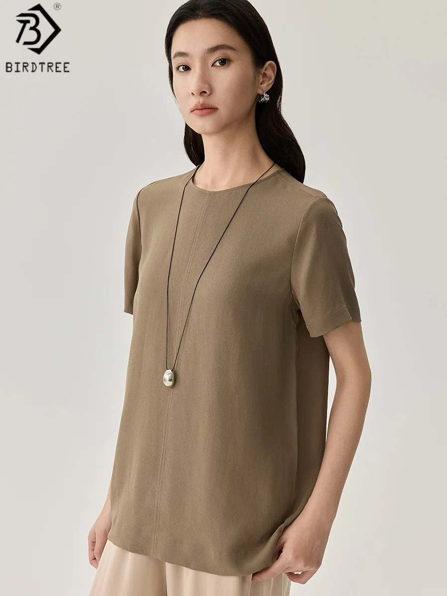 Birdtree, 19MM 100% Real Silk Solid T shirt, Jianhong Crepe O-neck Casual Tops, Women's Short Sleeve Shirt, 2026 New T62323JF