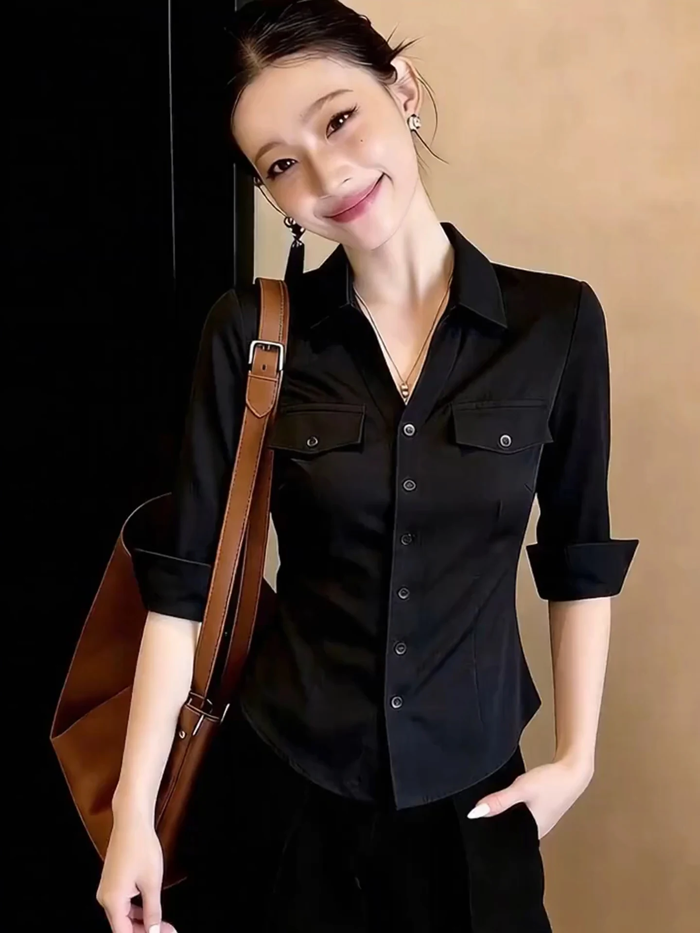 

Elegant Black Shirt Turn-down Collar Mid-sleeve Commute Professional Women's Fashionable Shirt Casual Chic Business Top
