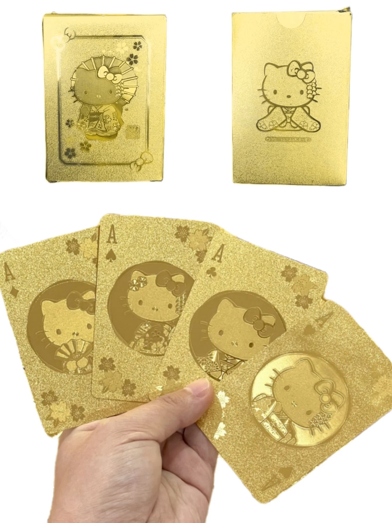 54pcs/set Hello Kittys gold leaf playing cards, 54 cards of rich golden cartoon pattern playing cards, waterproof portable party